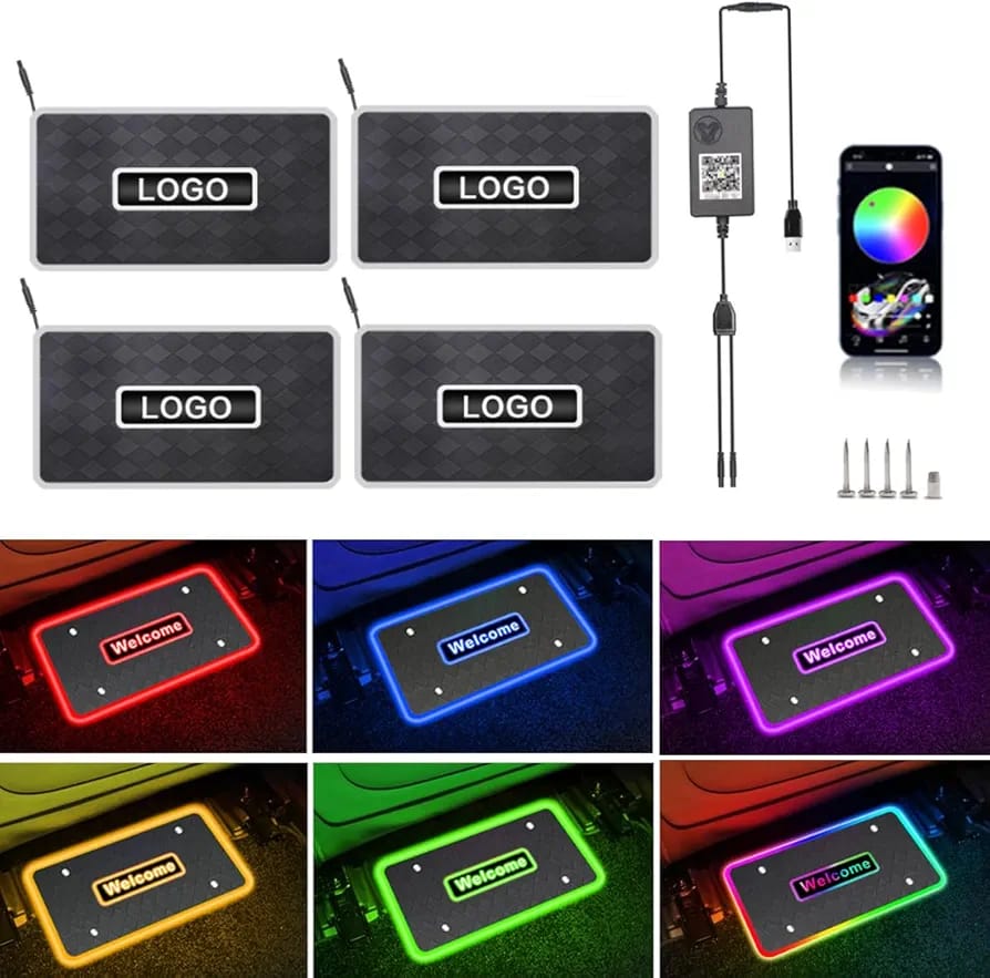 Personalized car floor mat light glowing logo on ground