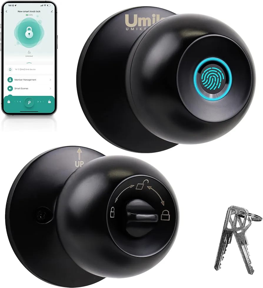 Smart door knob installed on door with key backup