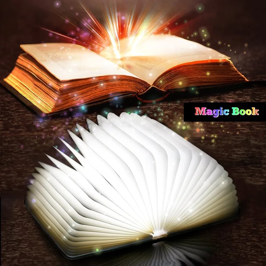 Wooden LED book light clipped to book warm glow
