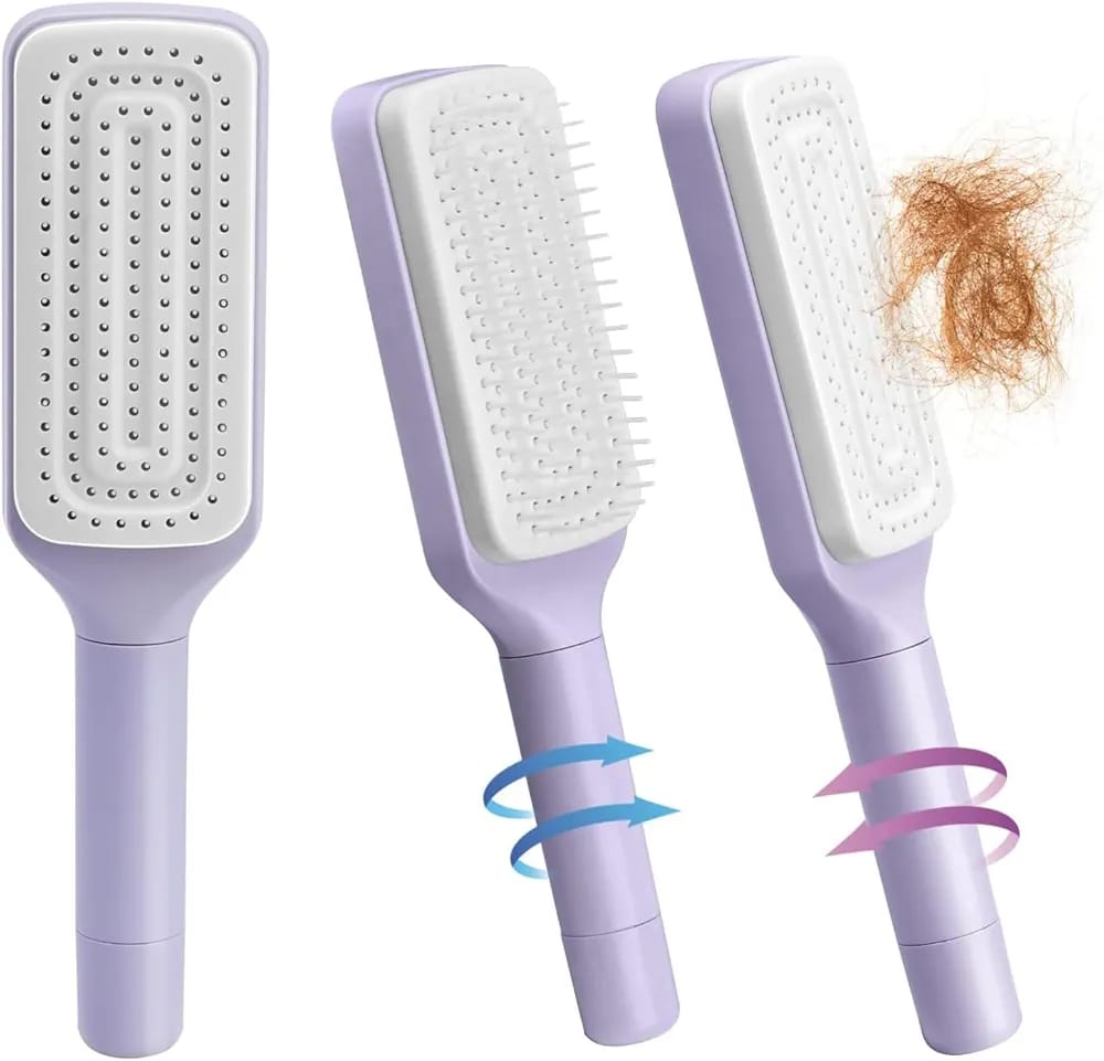 Self-cleaning hair brush one-click clean bristles front view