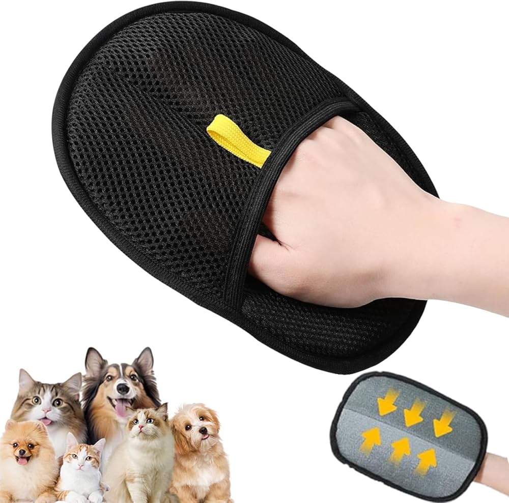 Pet hair glove collecting fur from furniture