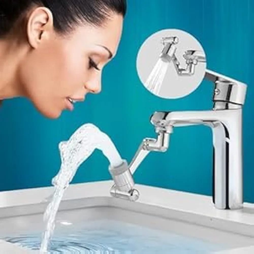 Faucet extension installed on kitchen tap flowing water