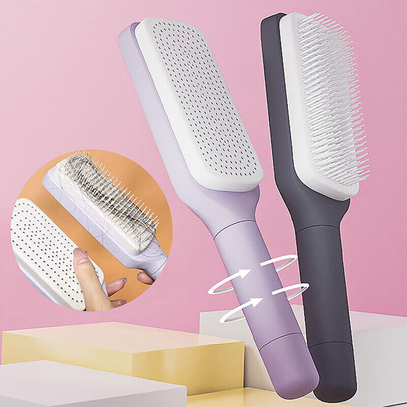 Self-cleaning hair brush one-click clean bristles front view