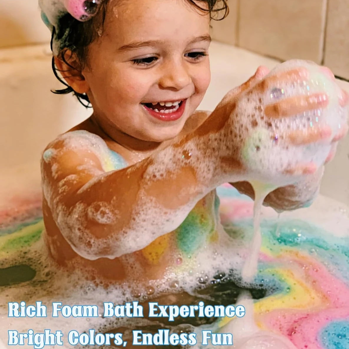 Bath bomb fizzing with colorful bubbles in kids bath